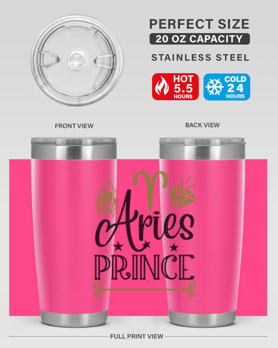 Aries Prince 113# Zodiac Tumbler in stainless steel with a sleek design, perfect for hot and cold beverages.