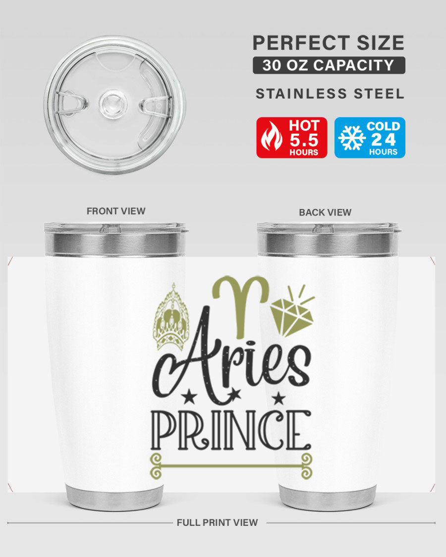 Aries Prince 113# Zodiac Tumbler in stainless steel with a sleek design, perfect for hot and cold beverages.