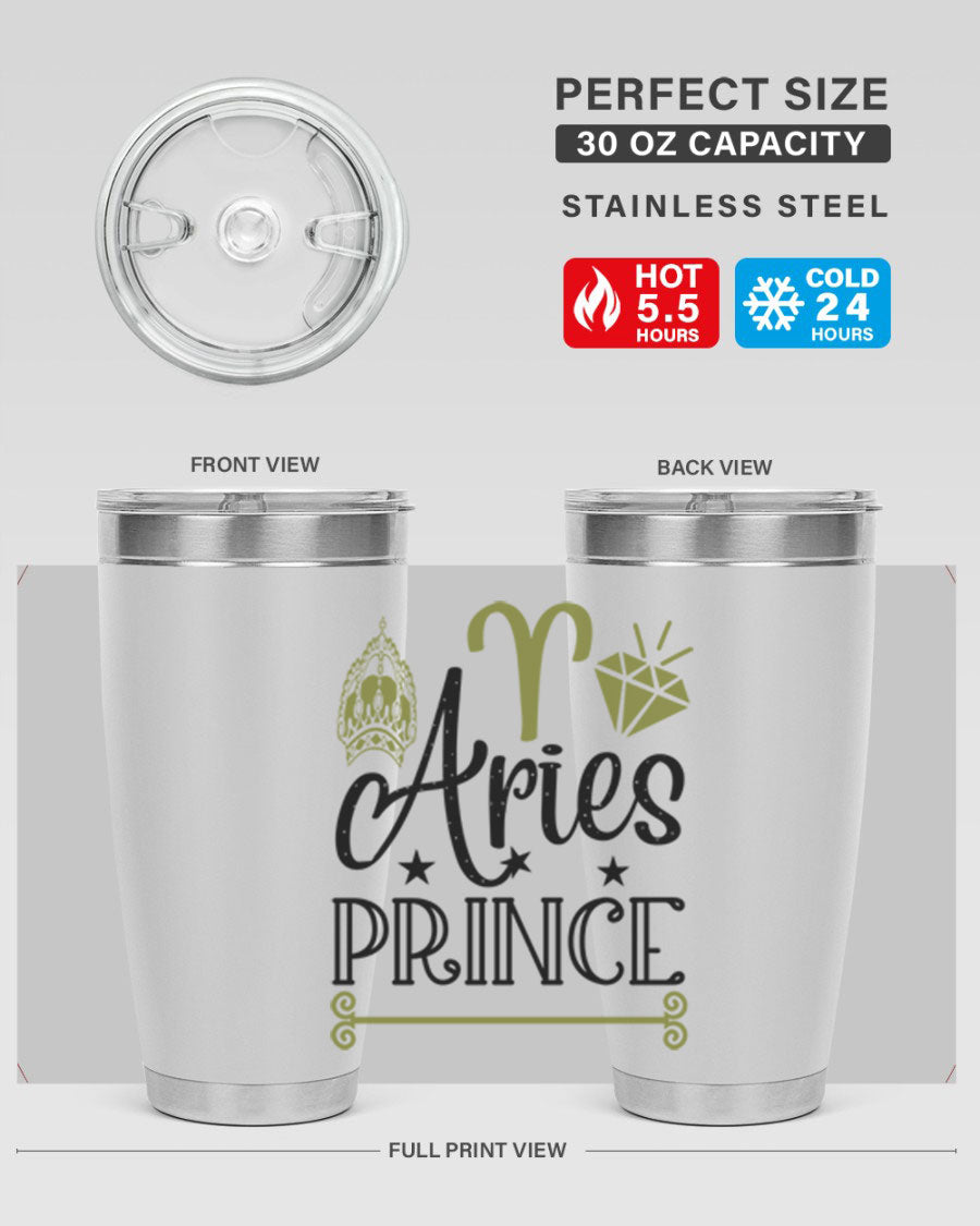 Aries Prince 113# Zodiac Tumbler in stainless steel with a sleek design, perfect for hot and cold beverages.