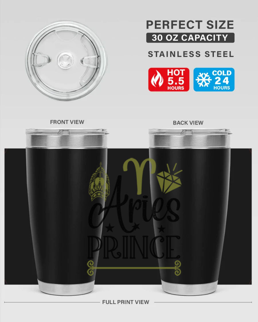 Aries Prince 113# Zodiac Tumbler in stainless steel with a sleek design, perfect for hot and cold beverages.