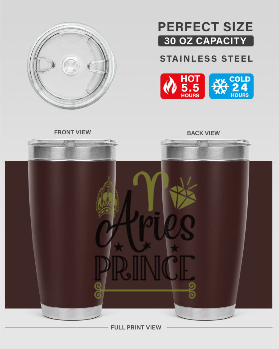 Aries Prince 113# Zodiac Tumbler in stainless steel with a sleek design, perfect for hot and cold beverages.