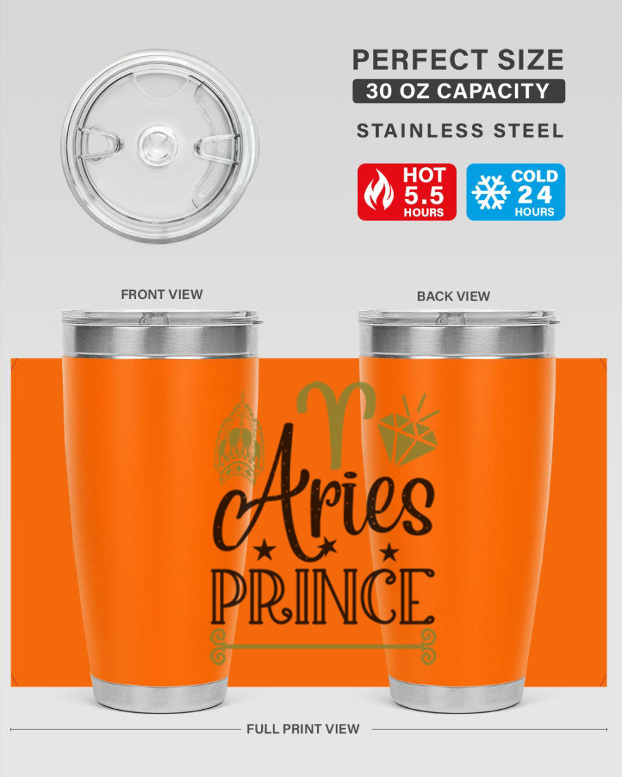 Aries Prince 113# Zodiac Tumbler in stainless steel with a sleek design, perfect for hot and cold beverages.