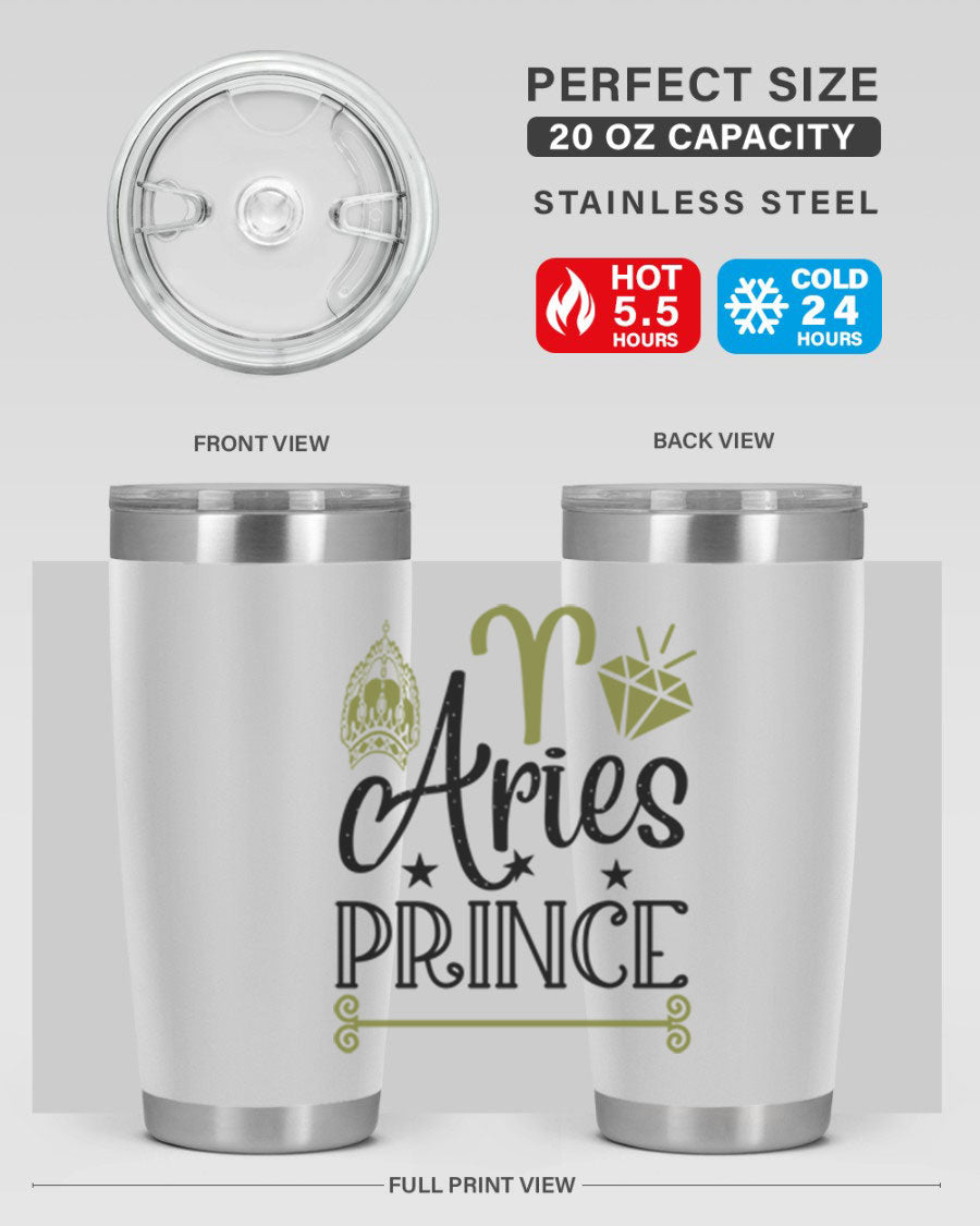 Aries Prince 113# Zodiac Tumbler in stainless steel with a sleek design, perfect for hot and cold beverages.