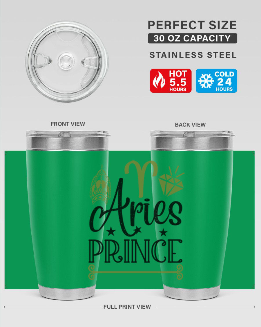 Aries Prince 113# Zodiac Tumbler in stainless steel with a sleek design, perfect for hot and cold beverages.