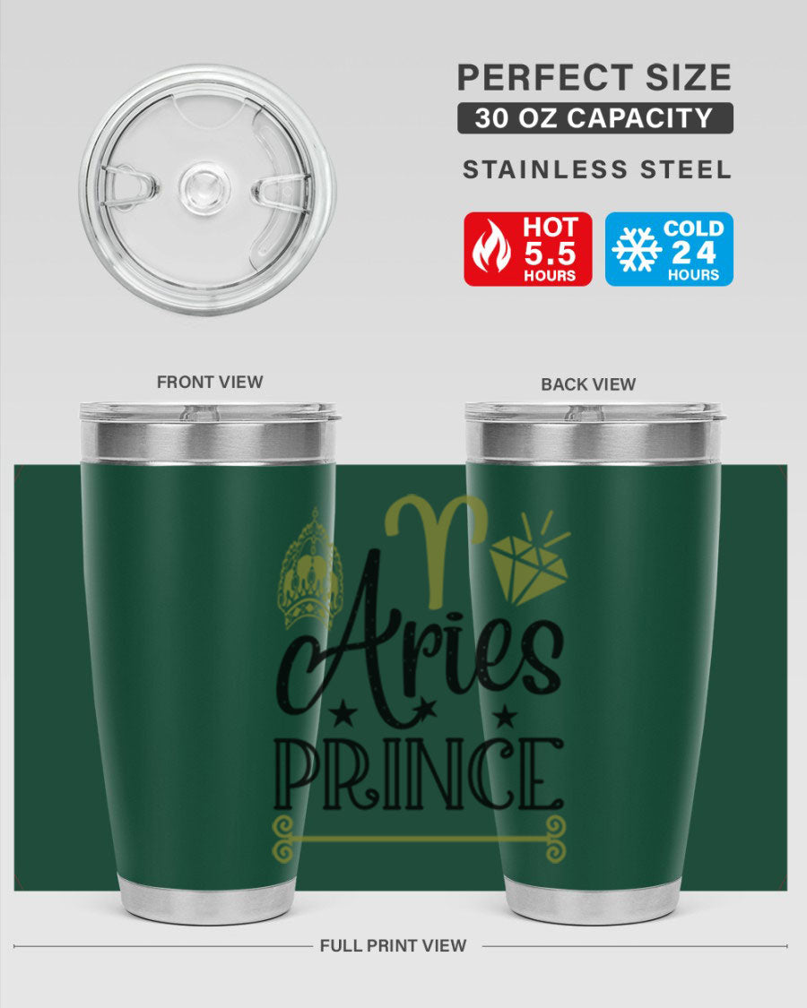 Aries Prince 113# Zodiac Tumbler in stainless steel with a sleek design, perfect for hot and cold beverages.