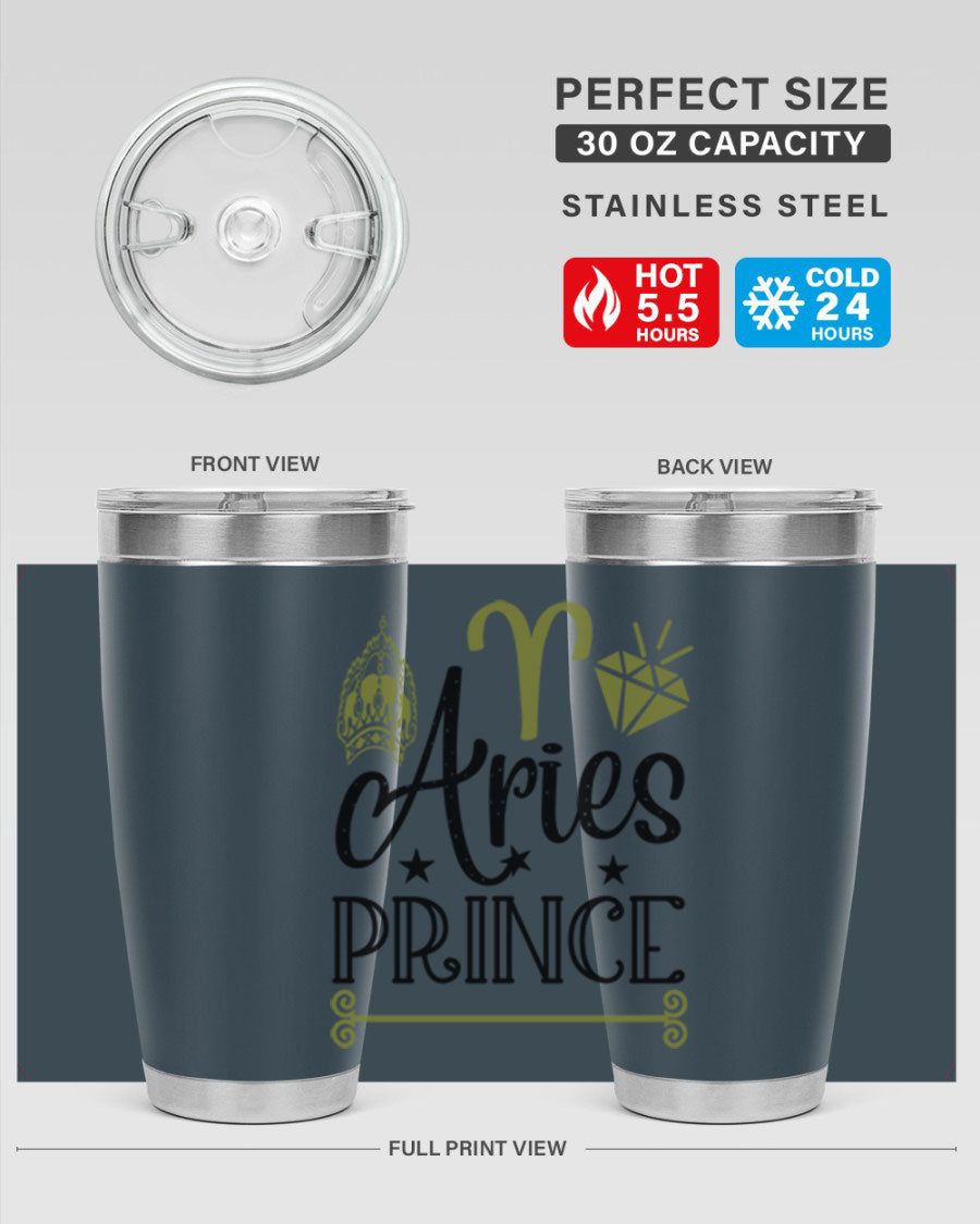 Aries Prince 113# Zodiac Tumbler in stainless steel with a sleek design, perfect for hot and cold beverages.