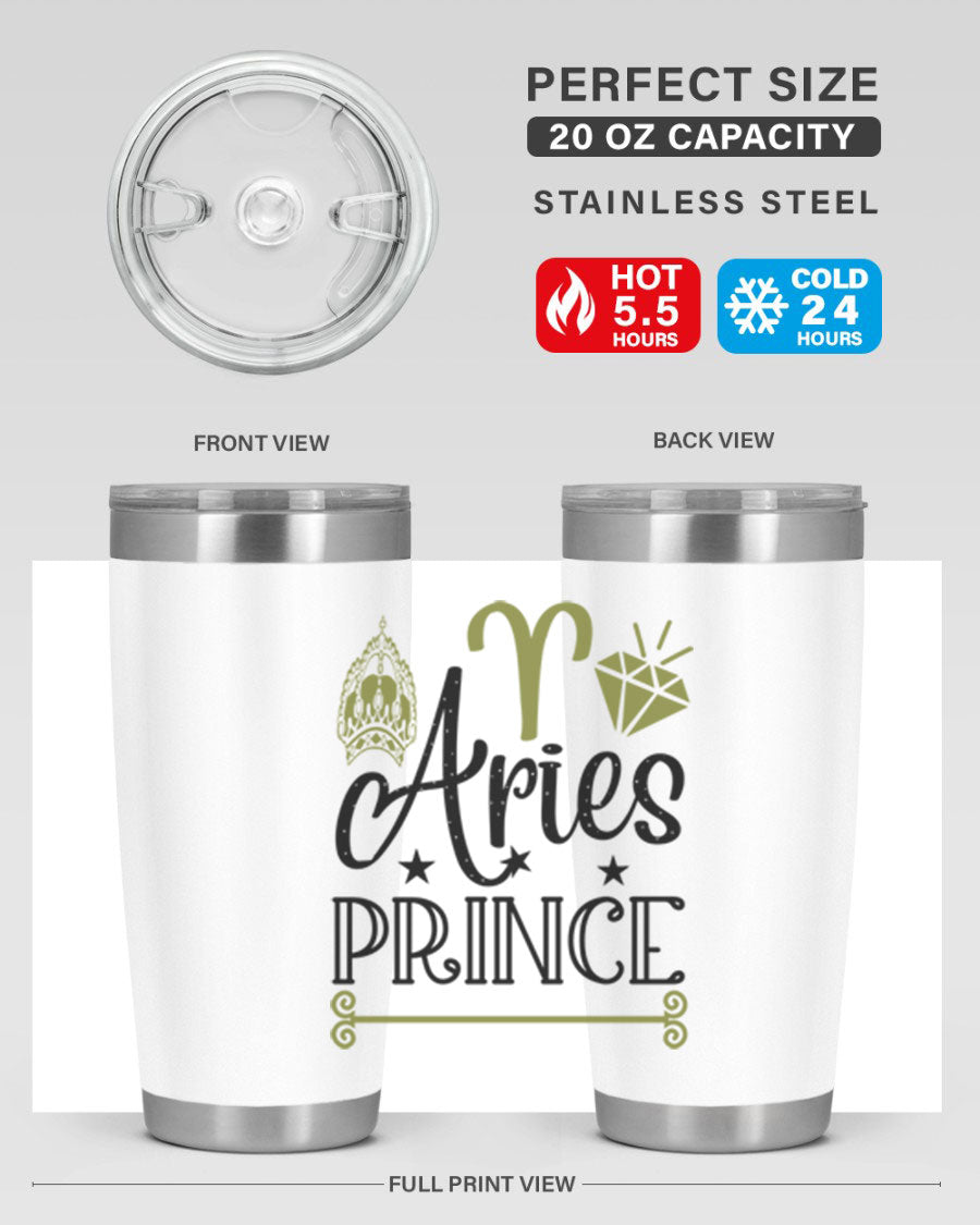 Aries Prince 113# Zodiac Tumbler in stainless steel with a sleek design, perfect for hot and cold beverages.