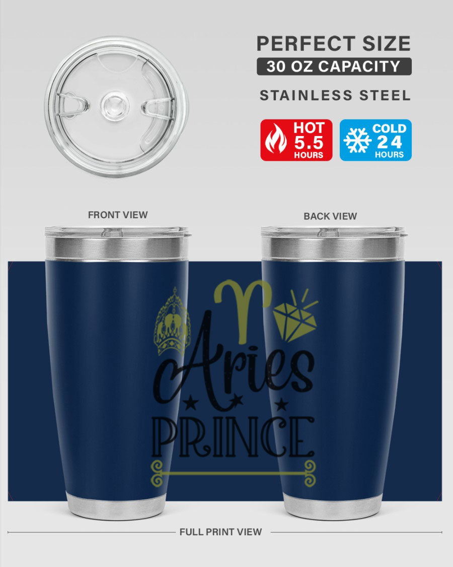 Aries Prince 113# Zodiac Tumbler in stainless steel with a sleek design, perfect for hot and cold beverages.