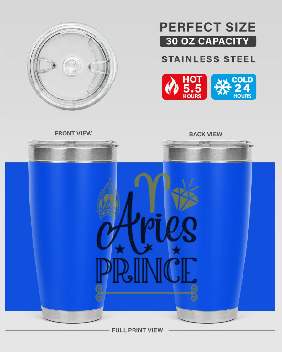 Aries Prince 113# Zodiac Tumbler in stainless steel with a sleek design, perfect for hot and cold beverages.