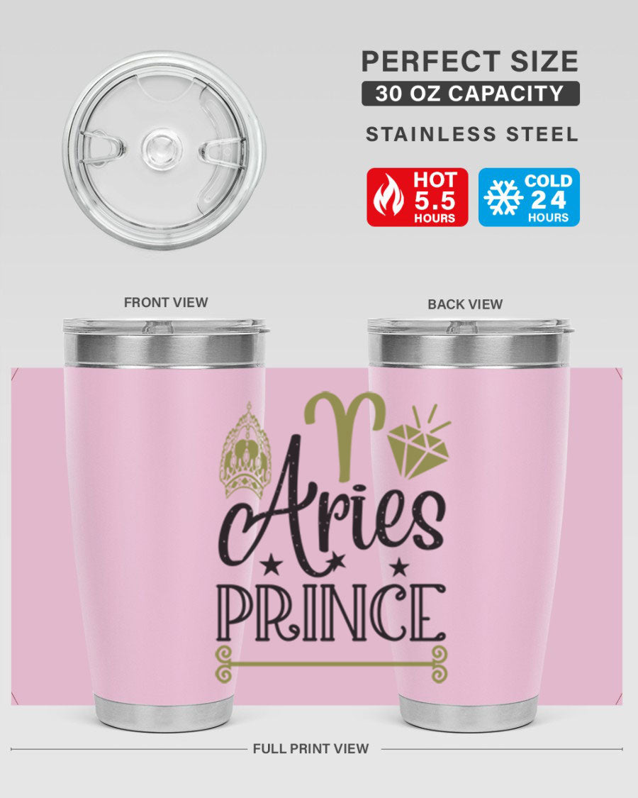 Aries Prince 113# Zodiac Tumbler in stainless steel with a sleek design, perfect for hot and cold beverages.