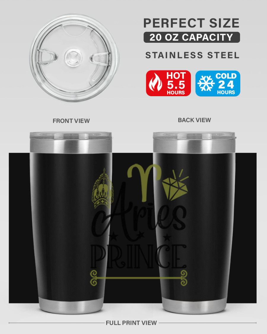 Aries Prince 113# Zodiac Tumbler in stainless steel with a sleek design, perfect for hot and cold beverages.