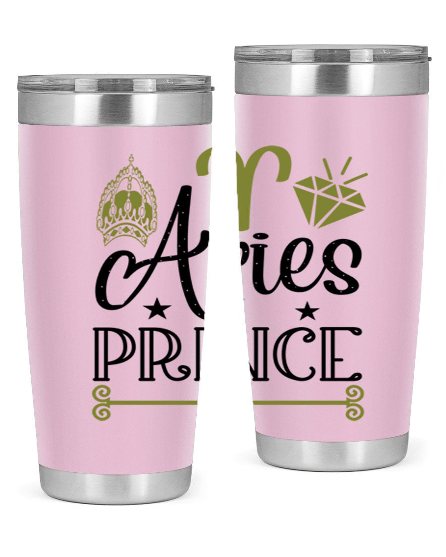 Aries Prince 113# Zodiac Tumbler in stainless steel with a sleek design, perfect for hot and cold beverages.