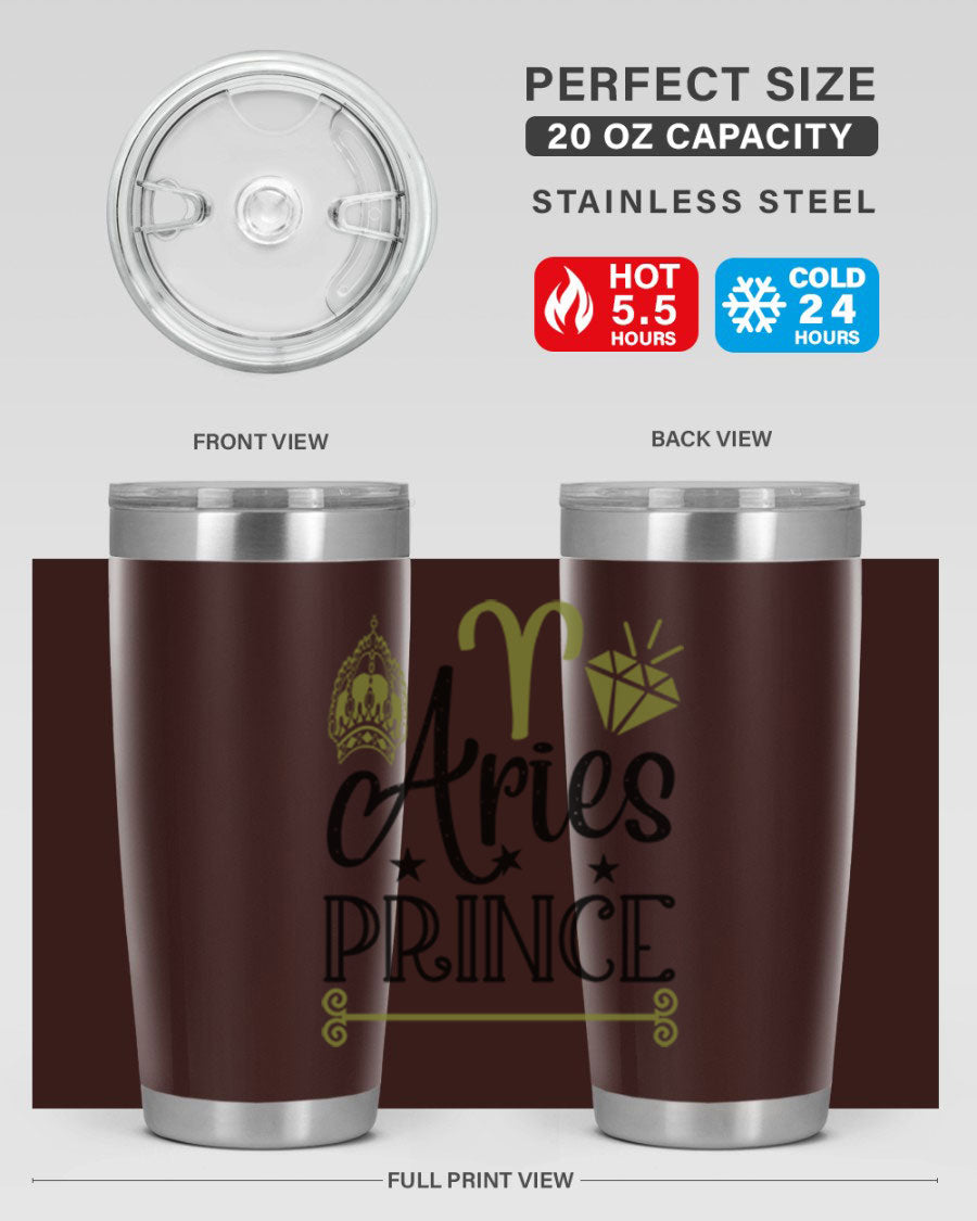 Aries Prince 113# Zodiac Tumbler in stainless steel with a sleek design, perfect for hot and cold beverages.