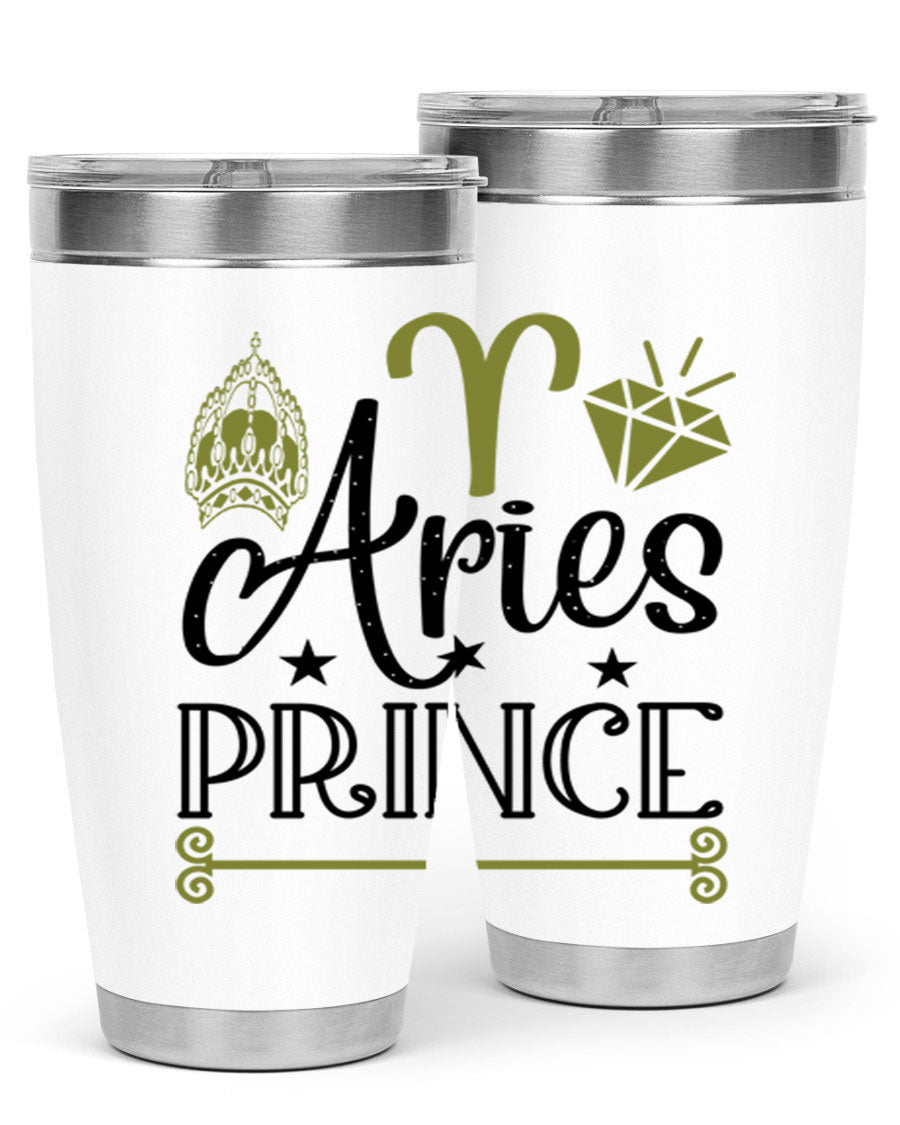 Aries Prince 113# Zodiac Tumbler in stainless steel with a sleek design, perfect for hot and cold beverages.