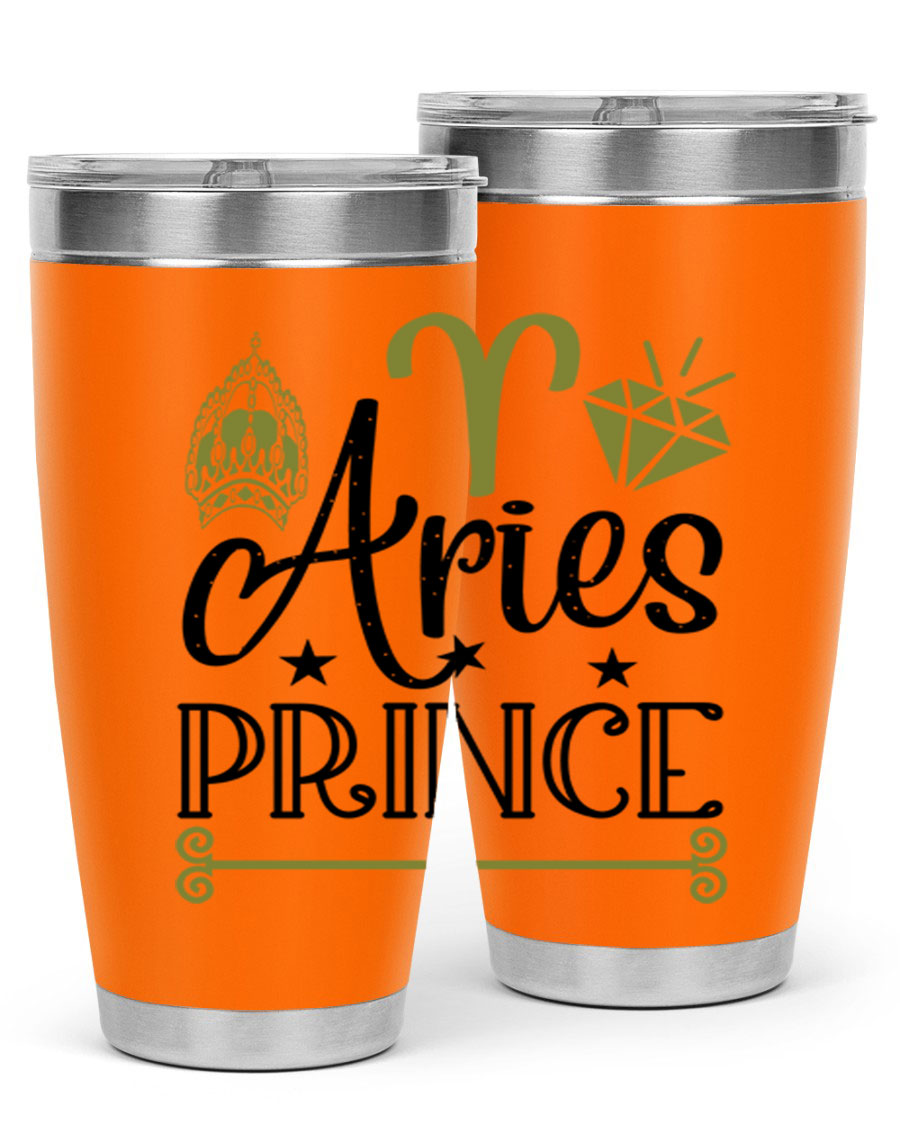 Aries Prince 113# Zodiac Tumbler in stainless steel with a sleek design, perfect for hot and cold beverages.