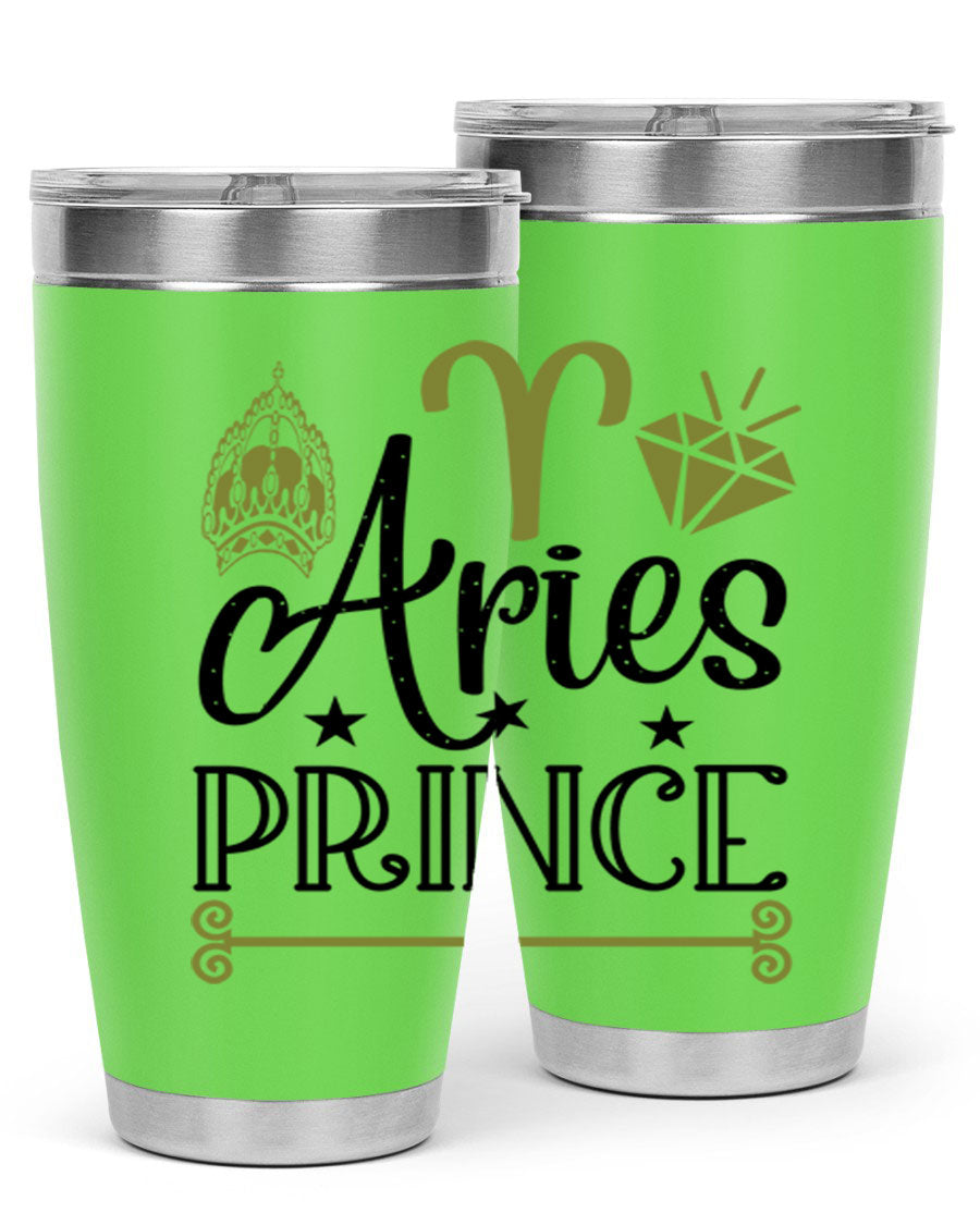 Aries Prince 113# Zodiac Tumbler in stainless steel with a sleek design, perfect for hot and cold beverages.