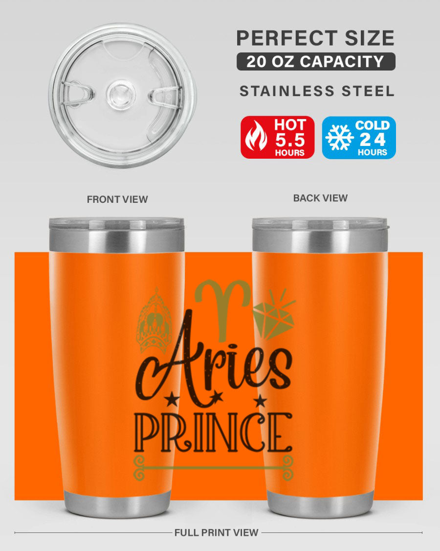 Aries Prince 113# Zodiac Tumbler in stainless steel with a sleek design, perfect for hot and cold beverages.