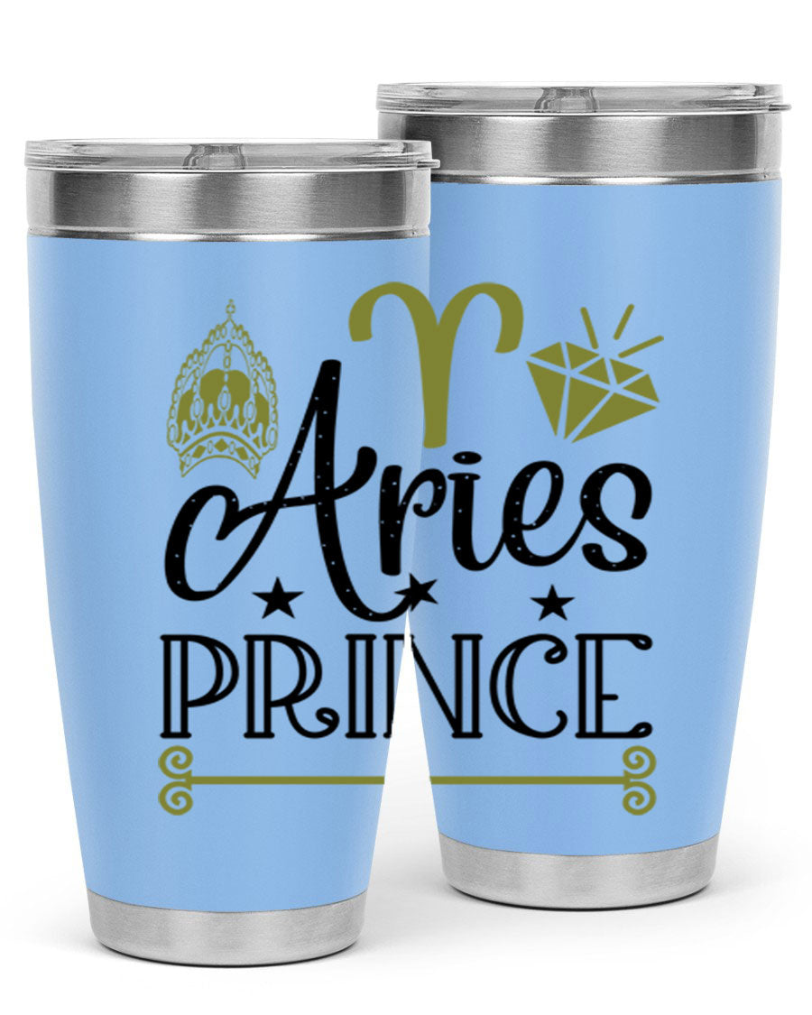 Aries Prince 113# Zodiac Tumbler in stainless steel with a sleek design, perfect for hot and cold beverages.