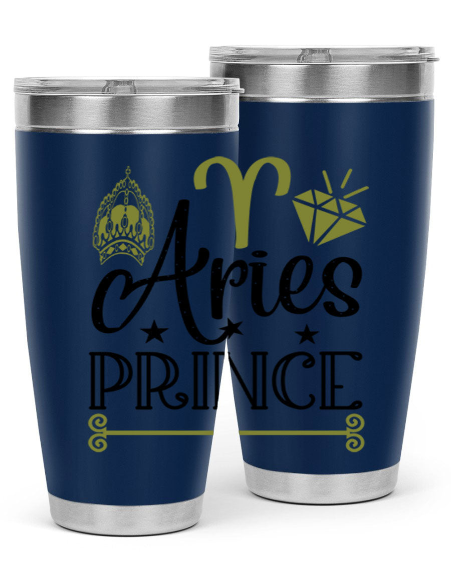 Aries Prince 113# Zodiac Tumbler in stainless steel with a sleek design, perfect for hot and cold beverages.