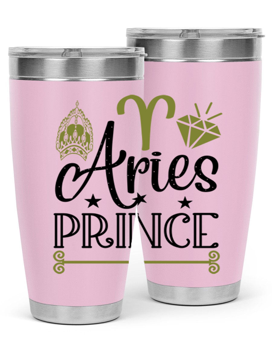 Aries Prince 113# Zodiac Tumbler in stainless steel with a sleek design, perfect for hot and cold beverages.