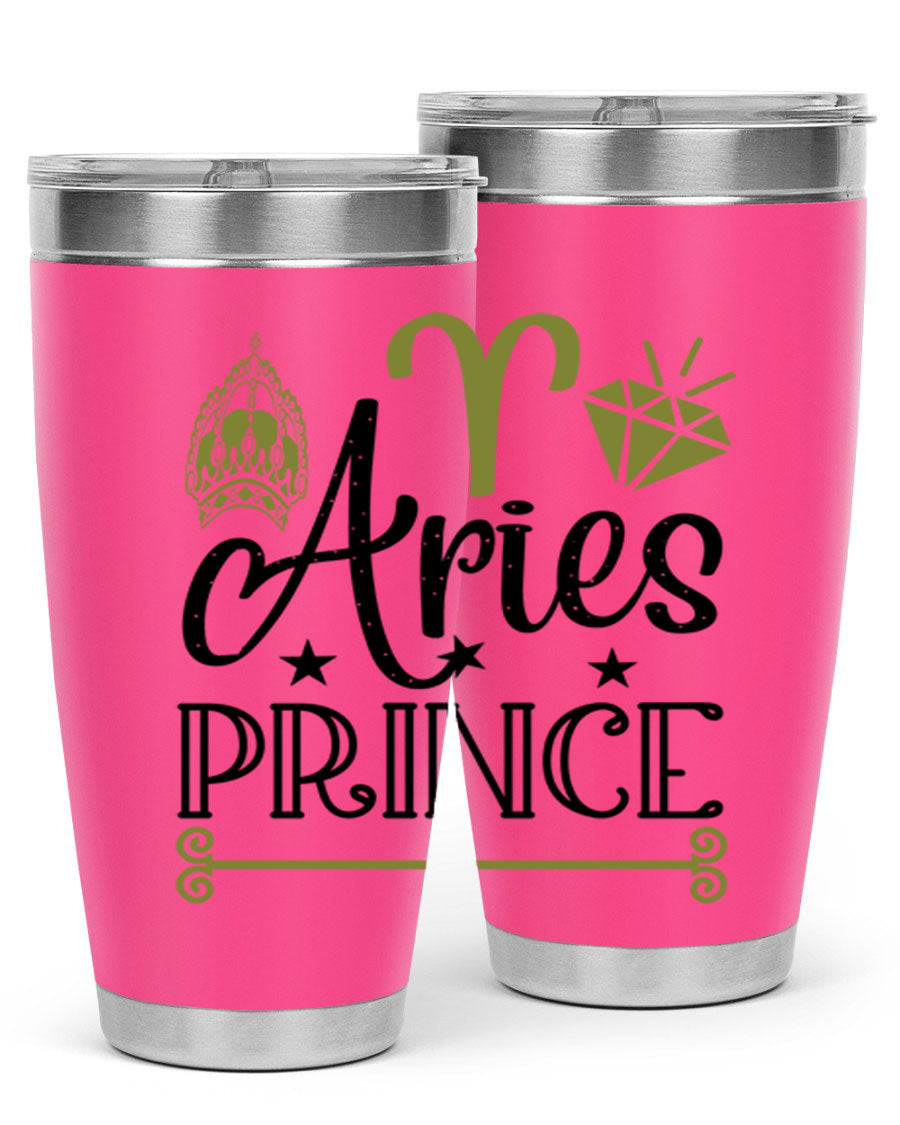 Aries Prince 113# Zodiac Tumbler in stainless steel with a sleek design, perfect for hot and cold beverages.