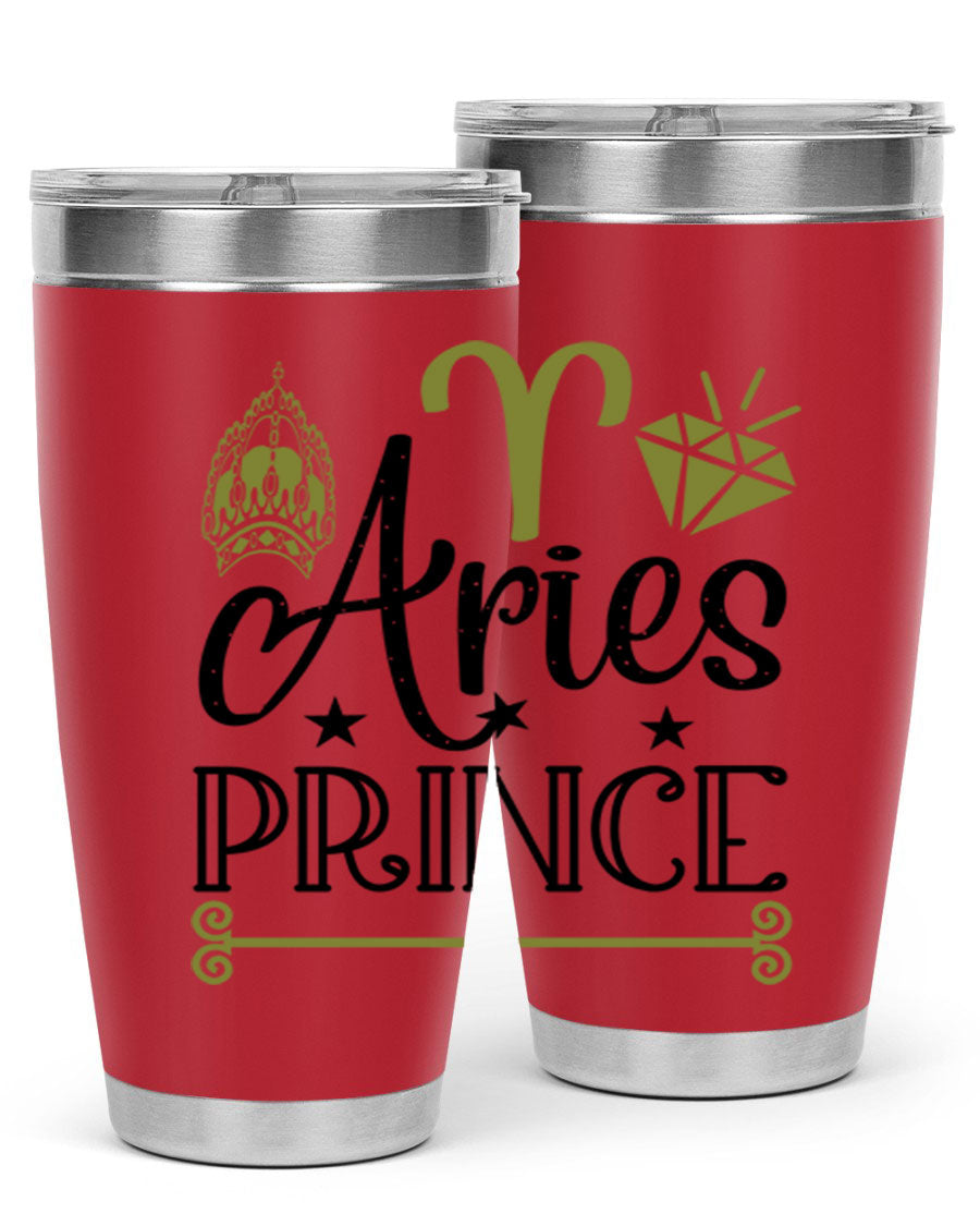 Aries Prince 113# Zodiac Tumbler in stainless steel with a sleek design, perfect for hot and cold beverages.