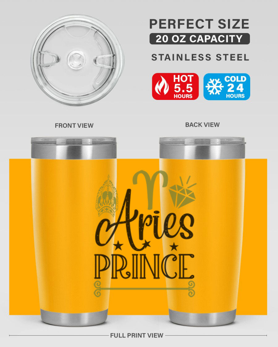 Aries Prince 113# Zodiac Tumbler in stainless steel with a sleek design, perfect for hot and cold beverages.