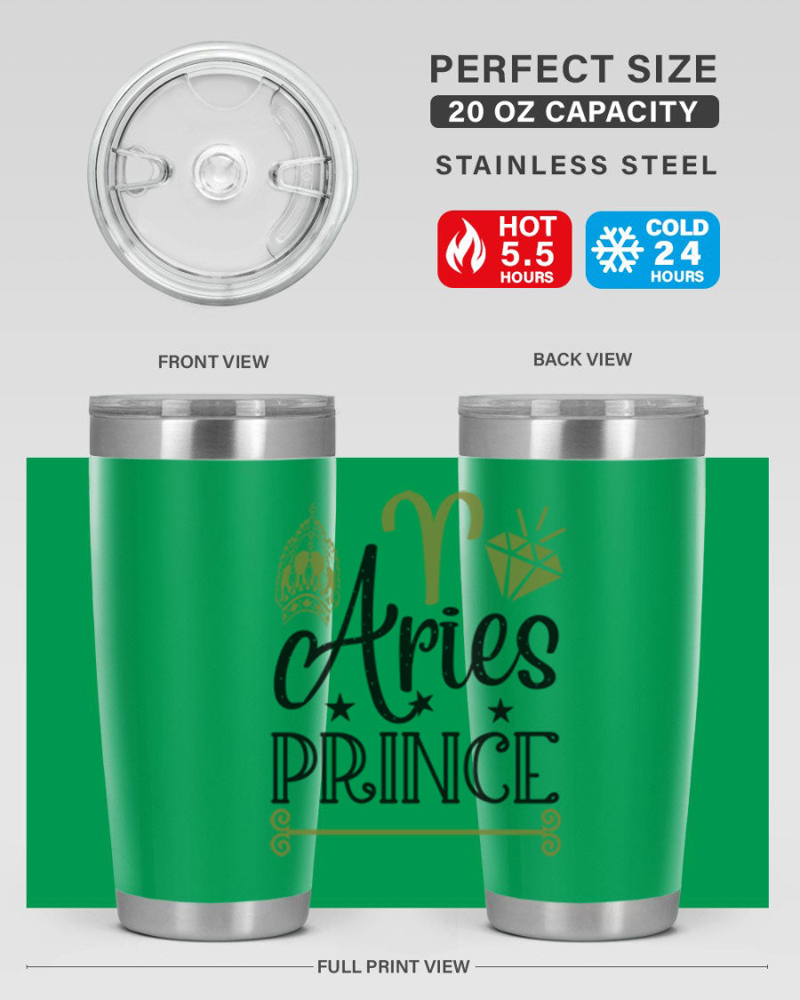 Aries Prince 113# Zodiac Tumbler in stainless steel with a sleek design, perfect for hot and cold beverages.