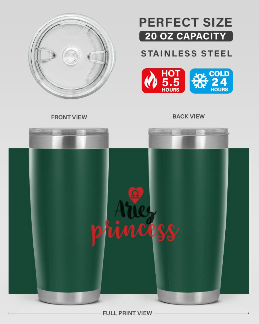 Aries Princess 98# Tumbler in stainless steel with a vibrant zodiac design, showcasing its double wall vacuum insulation and drink-thru lid.