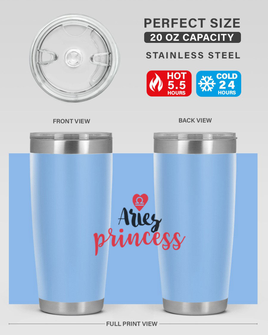 Aries Princess 98# Tumbler in stainless steel with a vibrant zodiac design, showcasing its double wall vacuum insulation and drink-thru lid.