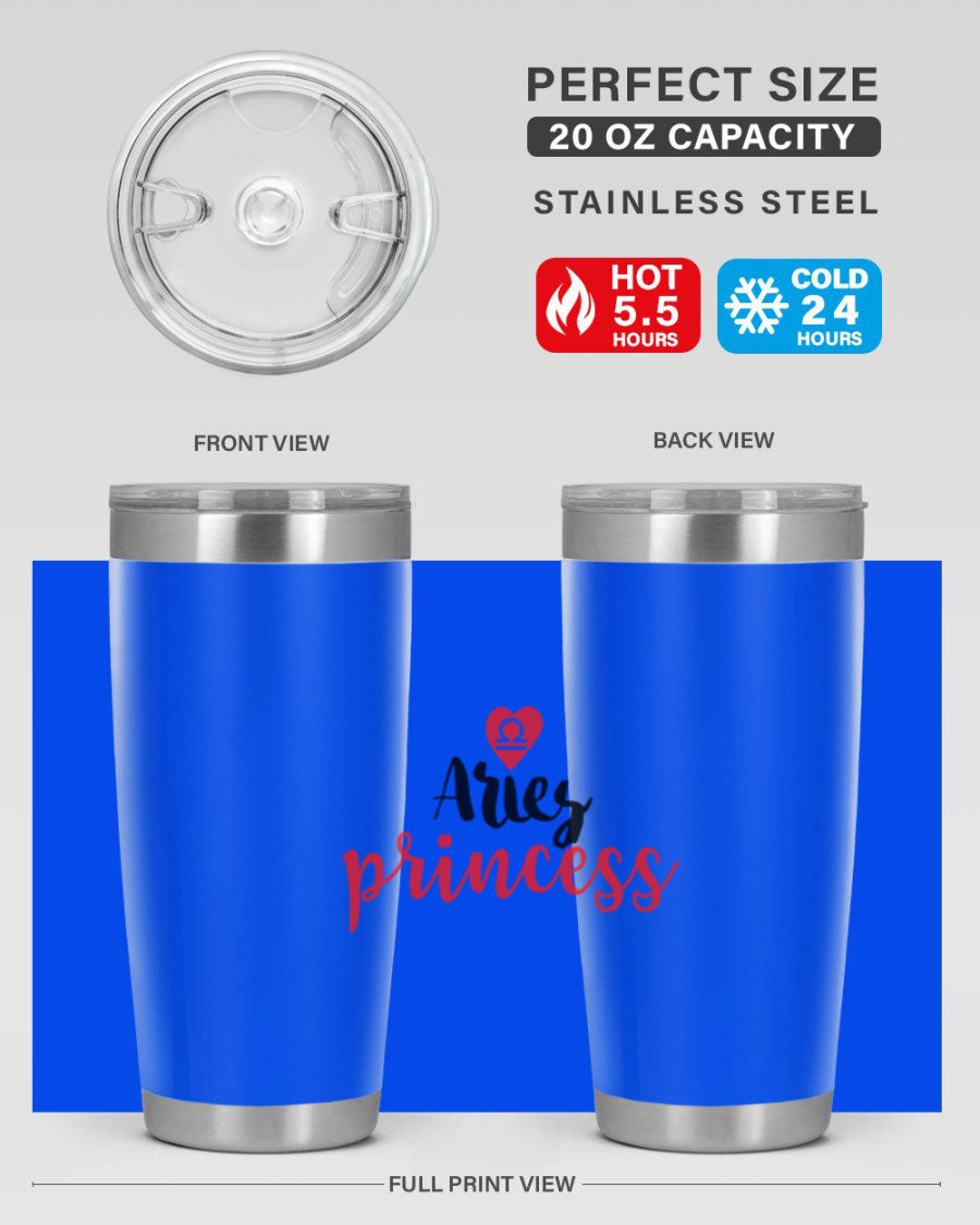 Aries Princess 98# Tumbler in stainless steel with a vibrant zodiac design, showcasing its double wall vacuum insulation and drink-thru lid.