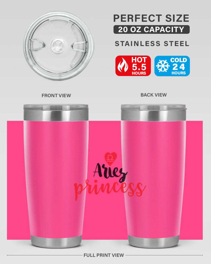 Aries Princess 98# Tumbler in stainless steel with a vibrant zodiac design, showcasing its double wall vacuum insulation and drink-thru lid.