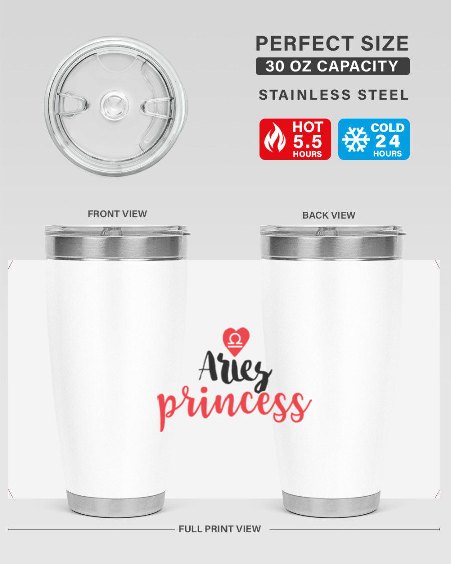 Aries Princess 98# Tumbler in stainless steel with a vibrant zodiac design, showcasing its double wall vacuum insulation and drink-thru lid.