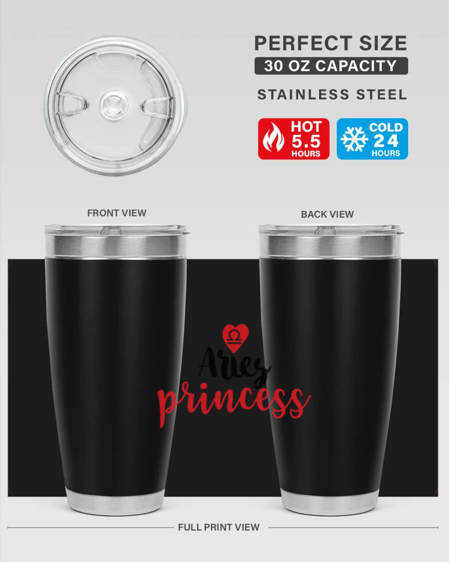 Aries Princess 98# Tumbler in stainless steel with a vibrant zodiac design, showcasing its double wall vacuum insulation and drink-thru lid.