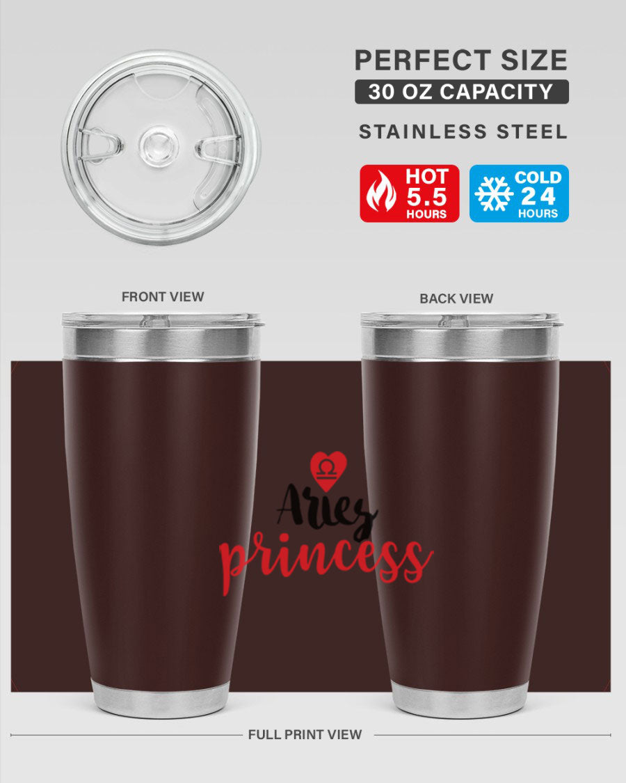 Aries Princess 98# Tumbler in stainless steel with a vibrant zodiac design, showcasing its double wall vacuum insulation and drink-thru lid.