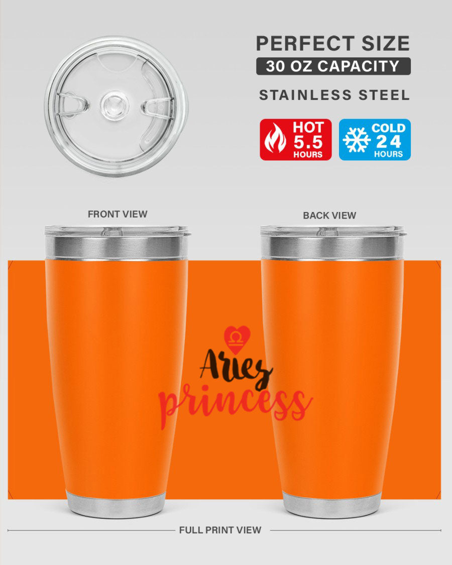 Aries Princess 98# Tumbler in stainless steel with a vibrant zodiac design, showcasing its double wall vacuum insulation and drink-thru lid.