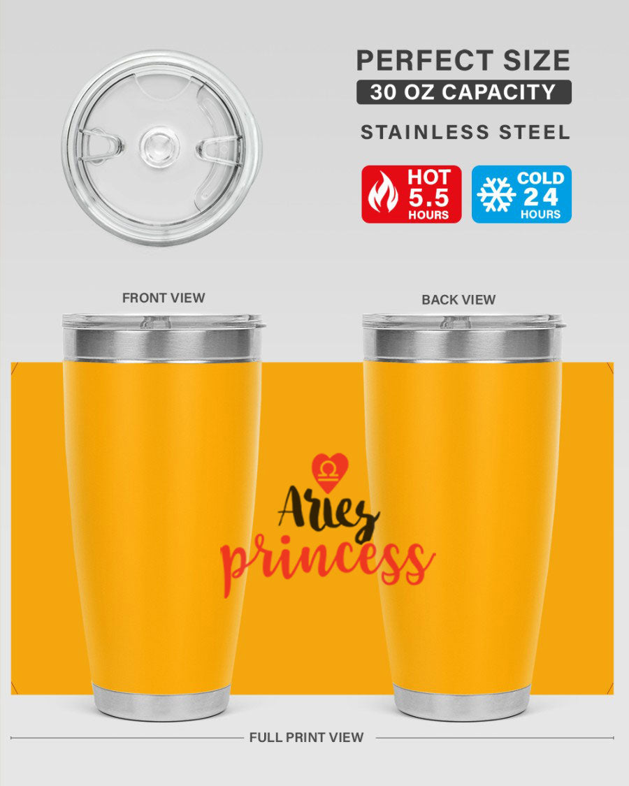 Aries Princess 98# Tumbler in stainless steel with a vibrant zodiac design, showcasing its double wall vacuum insulation and drink-thru lid.