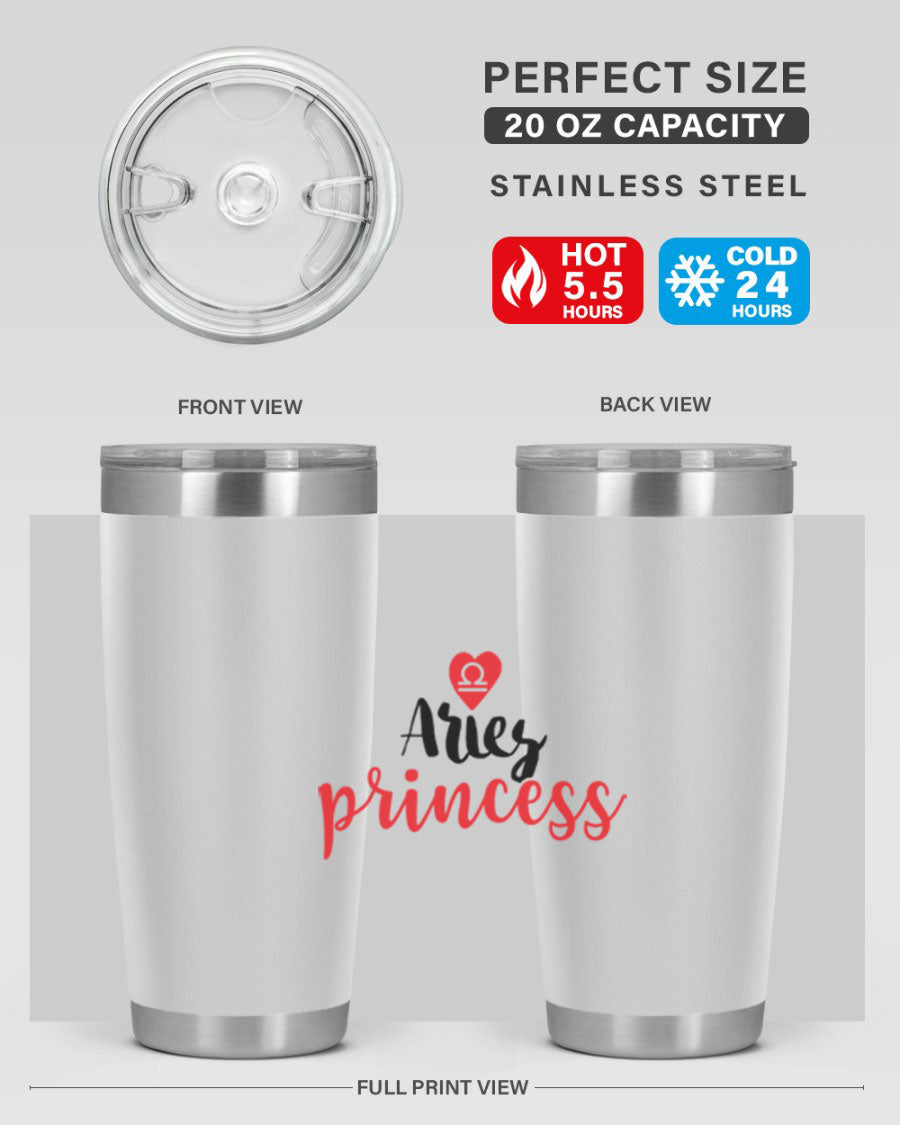 Aries Princess 98# Tumbler in stainless steel with a vibrant zodiac design, showcasing its double wall vacuum insulation and drink-thru lid.