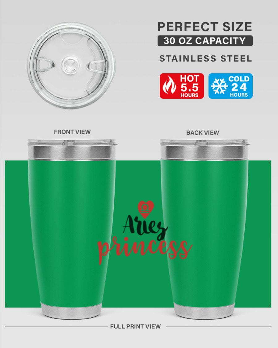 Aries Princess 98# Tumbler in stainless steel with a vibrant zodiac design, showcasing its double wall vacuum insulation and drink-thru lid.