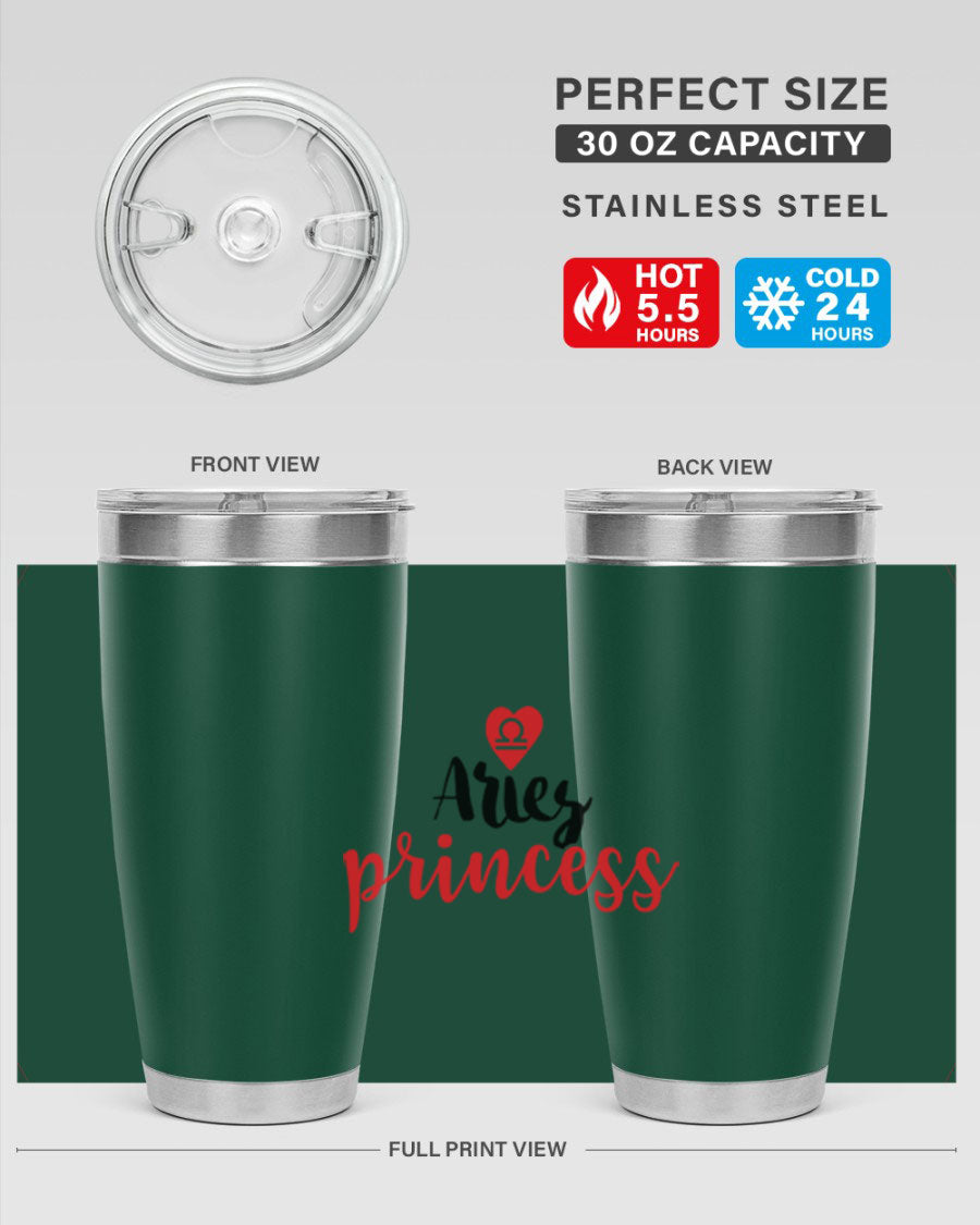 Aries Princess 98# Tumbler in stainless steel with a vibrant zodiac design, showcasing its double wall vacuum insulation and drink-thru lid.