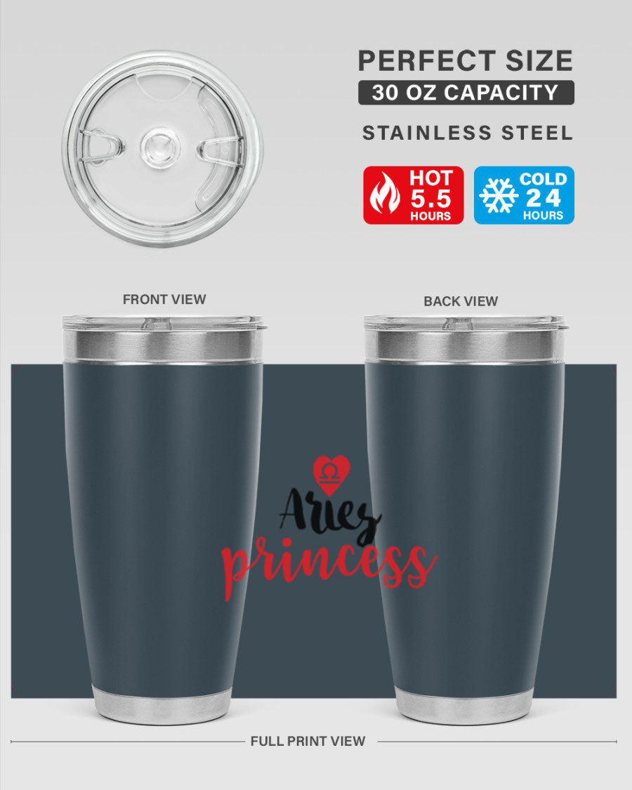 Aries Princess 98# Tumbler in stainless steel with a vibrant zodiac design, showcasing its double wall vacuum insulation and drink-thru lid.