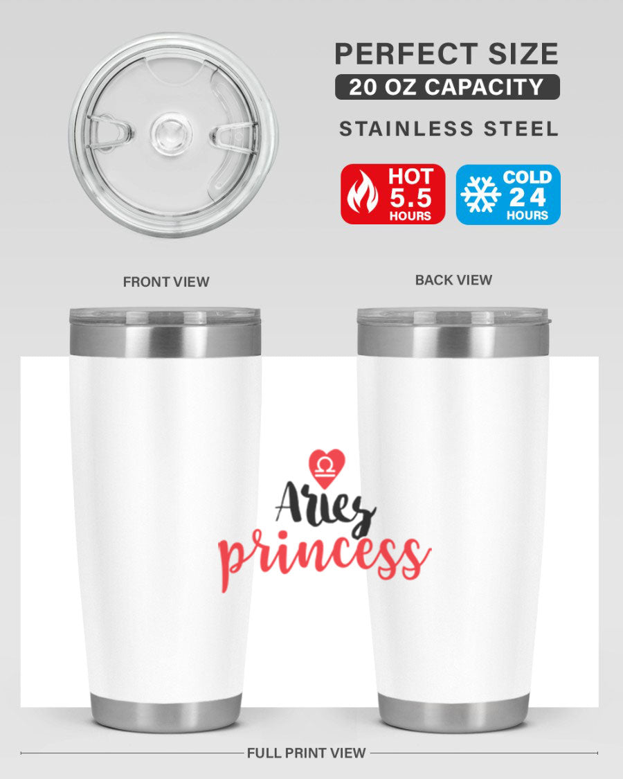 Aries Princess 98# Tumbler in stainless steel with a vibrant zodiac design, showcasing its double wall vacuum insulation and drink-thru lid.