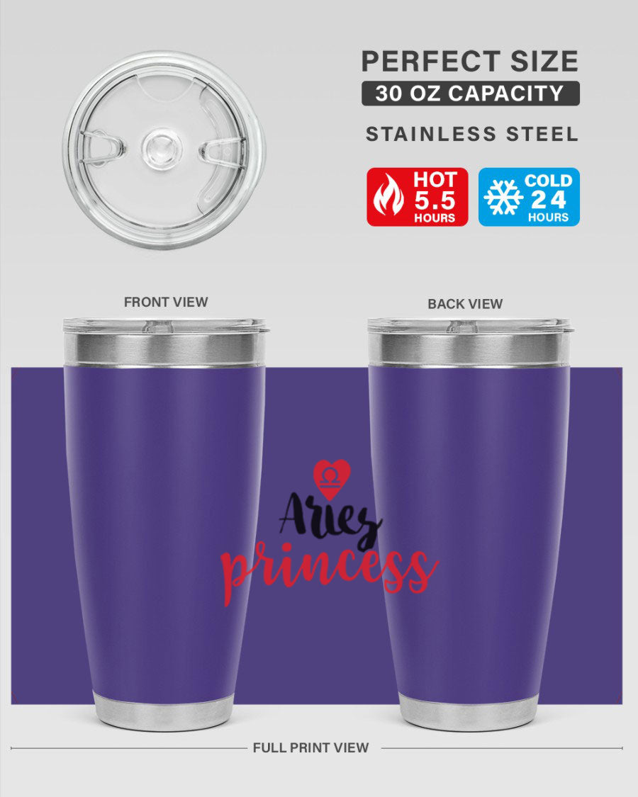 Aries Princess 98# Tumbler in stainless steel with a vibrant zodiac design, showcasing its double wall vacuum insulation and drink-thru lid.