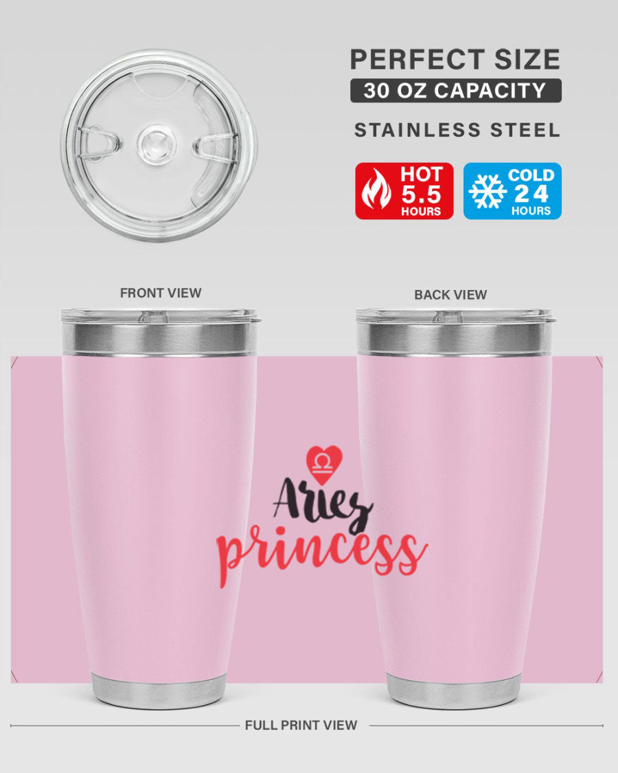 Aries Princess 98# Tumbler in stainless steel with a vibrant zodiac design, showcasing its double wall vacuum insulation and drink-thru lid.