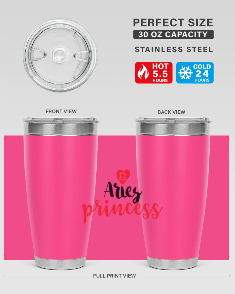 Aries Princess 98# Tumbler in stainless steel with a vibrant zodiac design, showcasing its double wall vacuum insulation and drink-thru lid.