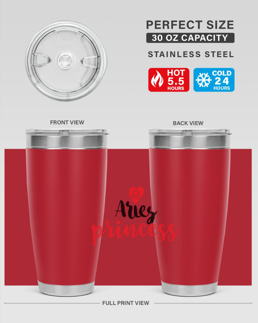 Aries Princess 98# Tumbler in stainless steel with a vibrant zodiac design, showcasing its double wall vacuum insulation and drink-thru lid.