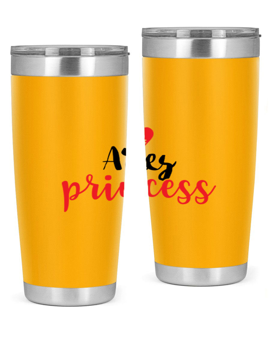 Aries Princess 98# Tumbler in stainless steel with a vibrant zodiac design, showcasing its double wall vacuum insulation and drink-thru lid.