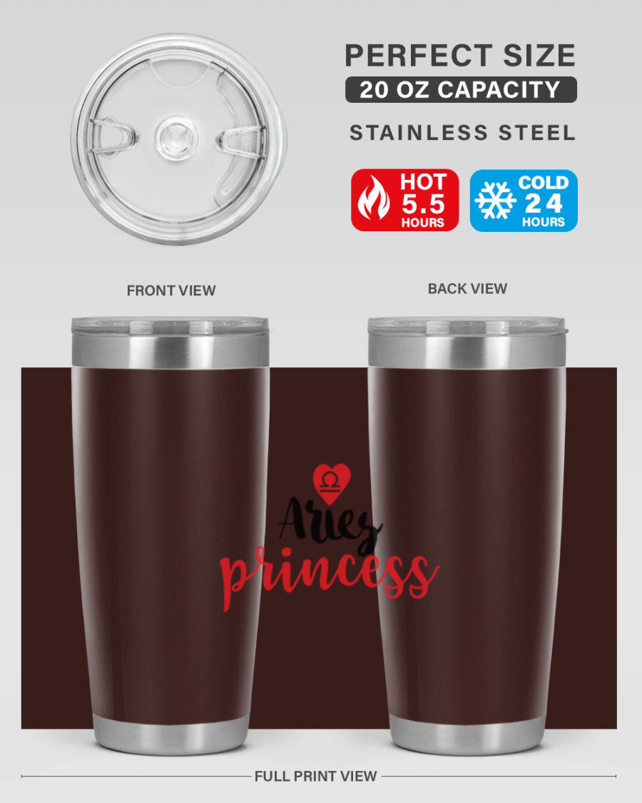 Aries Princess 98# Tumbler in stainless steel with a vibrant zodiac design, showcasing its double wall vacuum insulation and drink-thru lid.