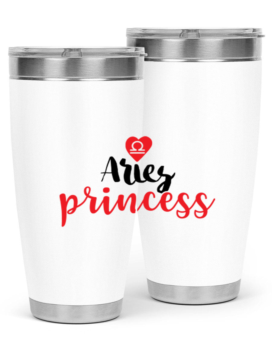 Aries Princess 98# Tumbler in stainless steel with a vibrant zodiac design, showcasing its double wall vacuum insulation and drink-thru lid.