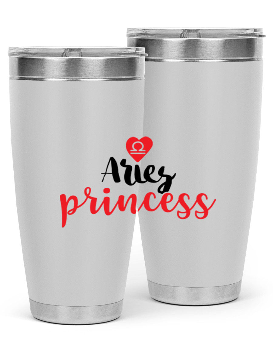 Aries Princess 98# Tumbler in stainless steel with a vibrant zodiac design, showcasing its double wall vacuum insulation and drink-thru lid.